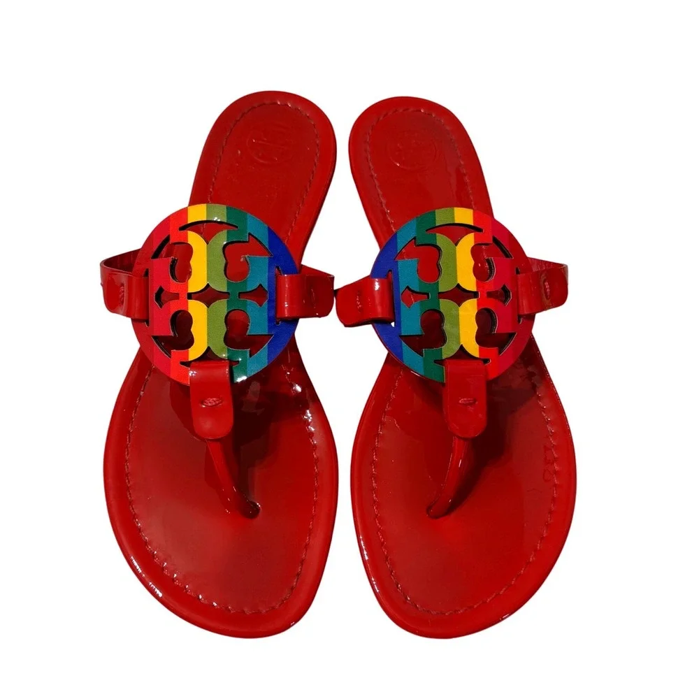 Tory Burch Miller Sandals Womens 7M Red Rainbow Patent Leather Excellent Thong
